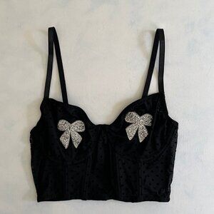 Black Sparkle Bow Polka Dot Mesh Coquette Bralette Top